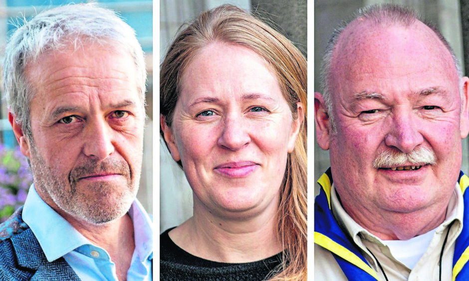 Community groups want a green transition in the north-east to look beyond oil and gas jobs to allow the region to build a new identity. From left: Dr Adam Price, Aberdeen University professor; Dr Fiona McIntyre, owner of Greyhope Bay, cafe and education centre; Paul Gray, from First Elgin Scouts. Aberdeen Arts Centre. . Supplied by DC Thomson.  Date; 06/11/2023