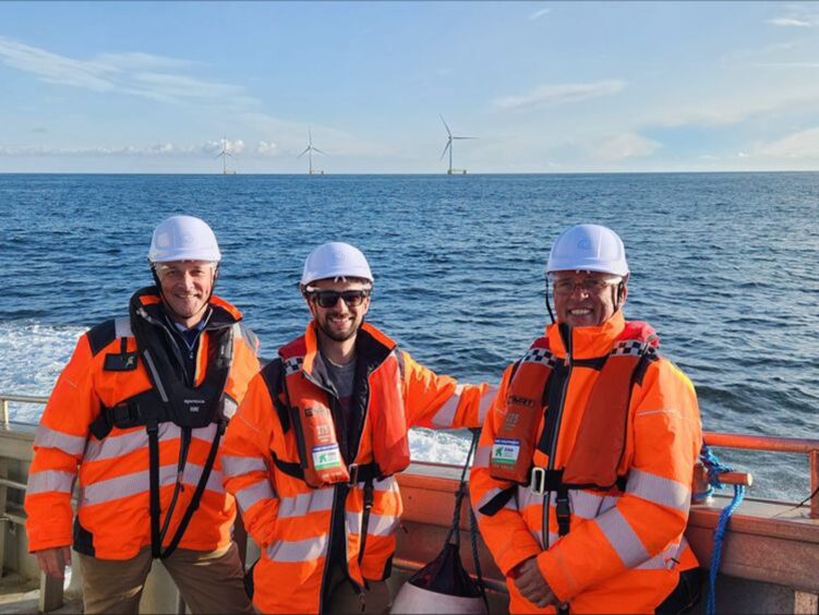Flintstone Technology team including founder and managing director Andrew Clayson (right) at the Kincardine floating wind farm off Aberdeen.