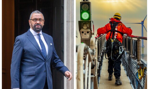 (L) Home Secretary James Cleverly / (R) offshore wind worker.