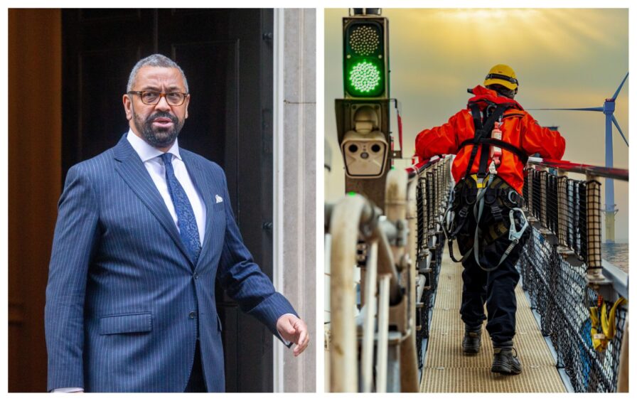 (L) Home Secretary James Cleverly / (R) offshore wind worker.