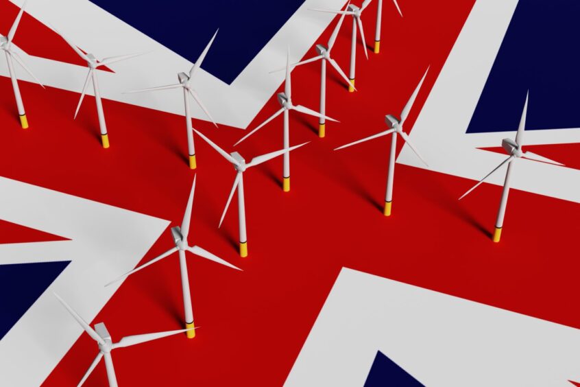wind turbines on a union flag as the UK introduces SIR in AR7.