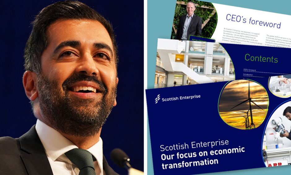 First Minister Humza Yousaf, pictured next to a copy of Scottish Enterprise's new strategy document. Supplied by DCT Media.