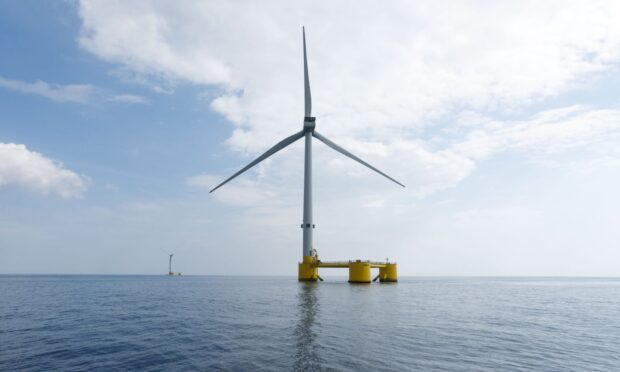 A floating offshore wind turbine at the Kincardine windfarm off Aberdeen.