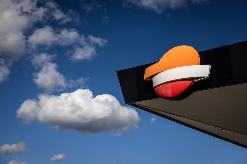 A logo on the roof of a Repsol gas station in the Zona Franca district of Barcelona, Spain.