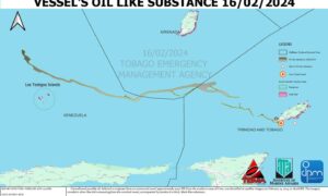 Map of the oil slick offshore Trinidad and Tobago extending towards Venezuela
