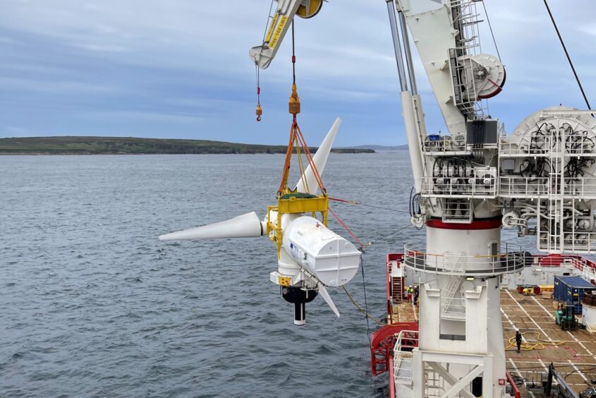 A tidal turbine being deployed in the Pentland Firth as part of the MeyGen Tidal Energy Project.