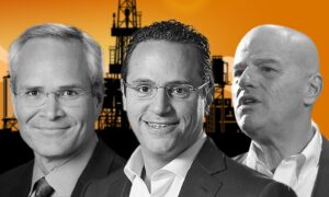 (L-R) ExxonMobil CEO Darren Woods, Shell CEO Wael Sawan and Eni CEO Claudio Descalzi, all of whose companies came in for criticism over their incentives to boost fossil fuel production.