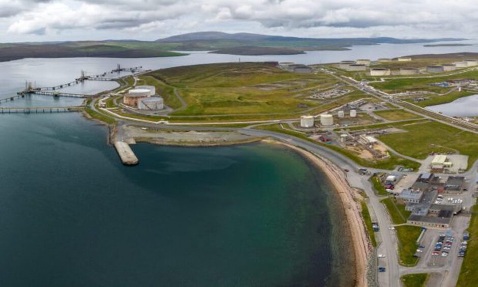 Bay, jetties and tanks at Sullom Voe in Shetland.