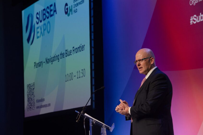 Global Underwater Hub chief executive Neil Gordon speaking at the opening session of the Subsea Expo 2024 at the P&J Live in Aberdeen.