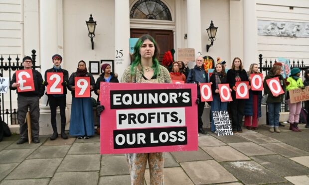 London protestors target Norwegian embassy following Equinor results Picture shows; Protestors gather outside the Norwegian embassy in London following the release of Equinor's 2023 results. Belgrave Square, London. Supplied by Uplift/Stop Rosebank Date; 07/02/2024