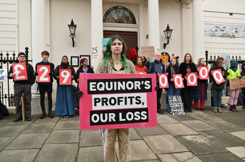 London protestors target Norwegian embassy following Equinor results Picture shows; Protestors gather outside the Norwegian embassy in London following the release of Equinor's 2023 results. Belgrave Square, London. Supplied by Uplift/Stop Rosebank Date; 07/02/2024