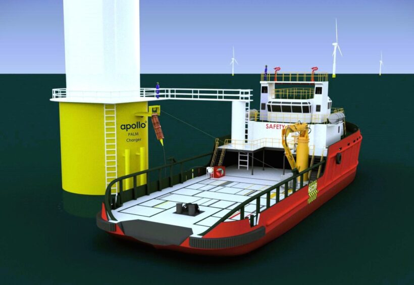 A visualisation of Apollo's PALM Charger concept connected to an offshore wind turbine.