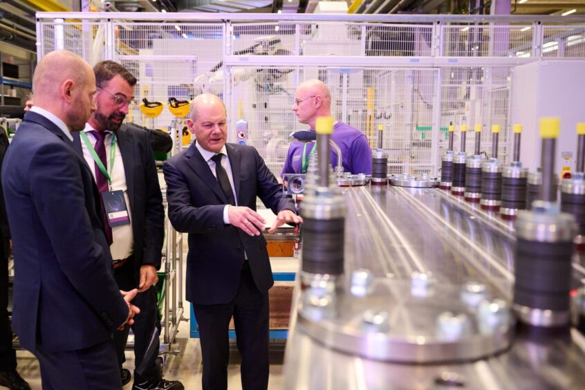 German chancellor Olaf Scholz at Siemens Energy's electrolyzer factory in Berlin.