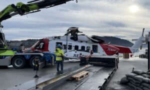 Wreckage of the S-92 helicopter which ditched near the island of Sotra after it was recovered by Norwegian authorities.