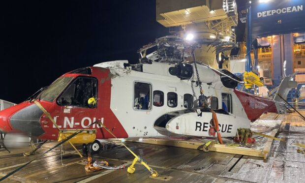 Wreckage of an S-92 helicopter which crashed off the coast of Norway during a training exercise for Equinor after it was retrieved from the sea floor.