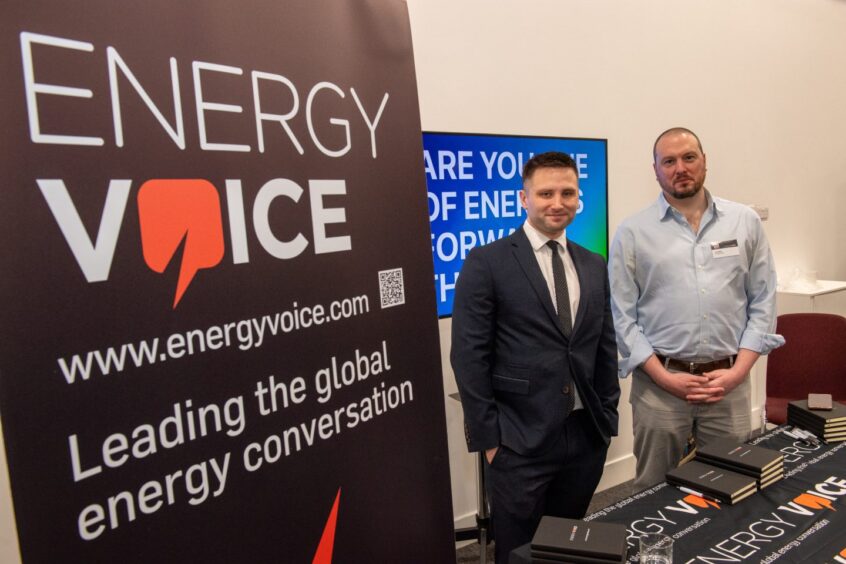 Energy Voice editor Allister Thomas (L) and head of sales & marketing Tim Mills at Future North Sea 2024.