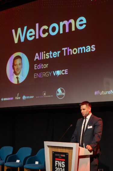 Energy Voice editor Allister Thomas speaks at the opening of Future North Sea 2024.