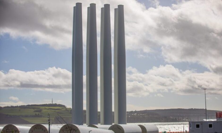 The turbine towers measuring almost 90 metres at the Port of Dundee.