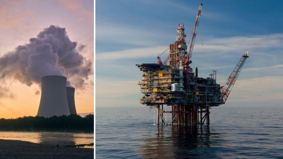 A nuclear power plant (left) and the Nelson field in the North Sea (right).