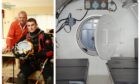 Diver Derek Beddows next to a hyperbaric chamber