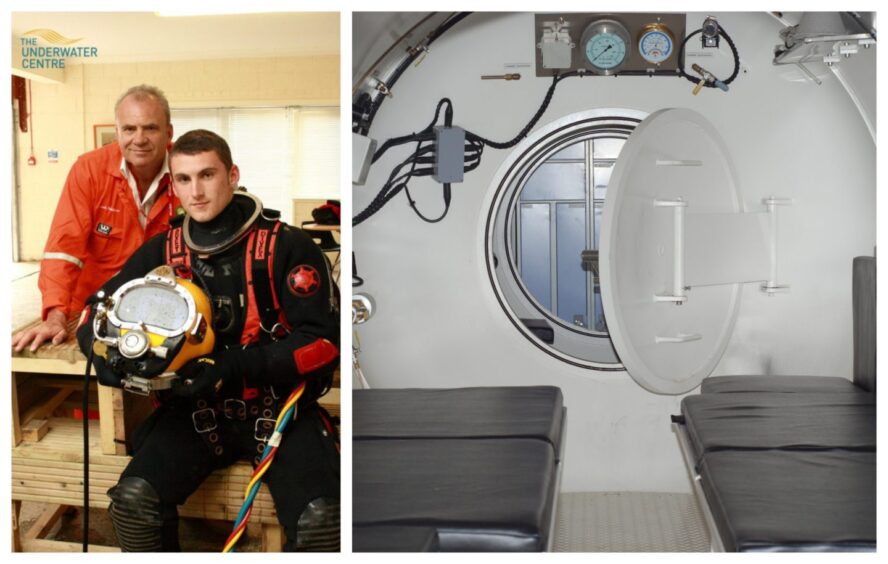 Diver Derek Beddows next to a hyperbaric chamber