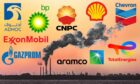 The logos of major oil and gas firms with an emissions stack in the background.