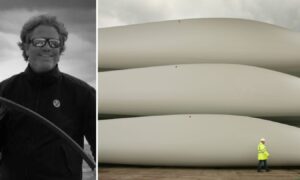 ExoTechnologies chief innovation officer Jeroen Wats (left) and wind turbine blades blades at the Harland & Wolff shipyard on August 14, 2008 in Belfast, Northern Ireland (right).