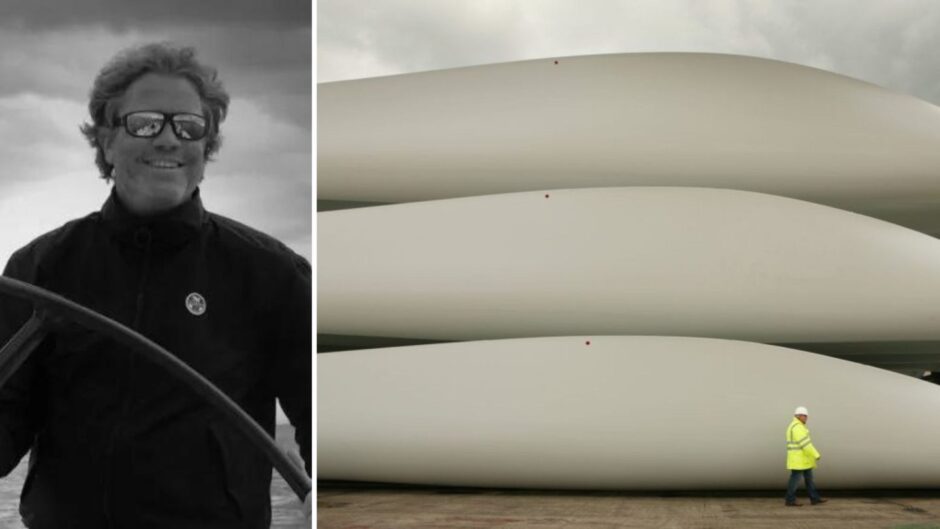 ExoTechnologies chief innovation officer Jeroen Wats (left) and wind turbine blades blades at the Harland & Wolff shipyard on August 14, 2008 in Belfast, Northern Ireland (right).