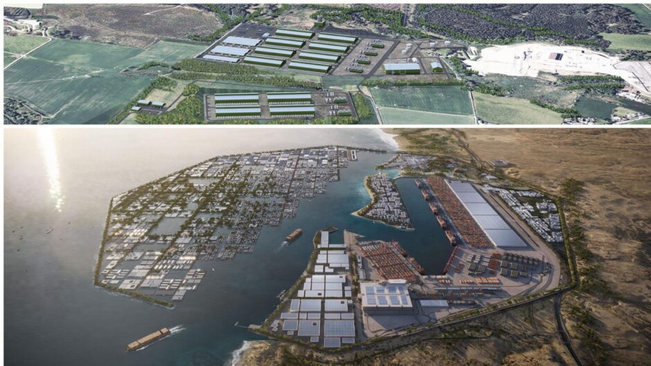 The Kintore Hydrogen project (top) will rival even Saudi Arabia's Neom green hydrogen project at the Oxagon (bottom) in terms of hydrogen production.