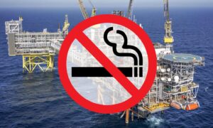 A no smoking sign over a Harbour Energy North Sea platform.