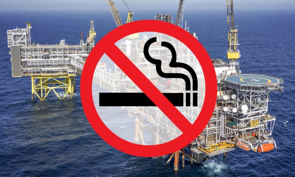 A no smoking sign over a Harbour Energy North Sea platform.