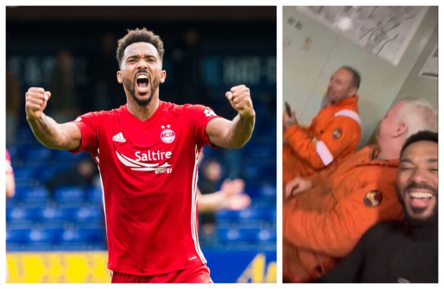 Shay Logan with the crew of the Brea Alpha Platform next to a picture of him as an Aberdeen player.