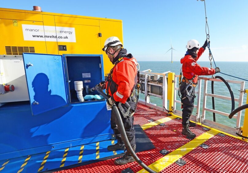 A temporary power generator in use at an offshore wind project.