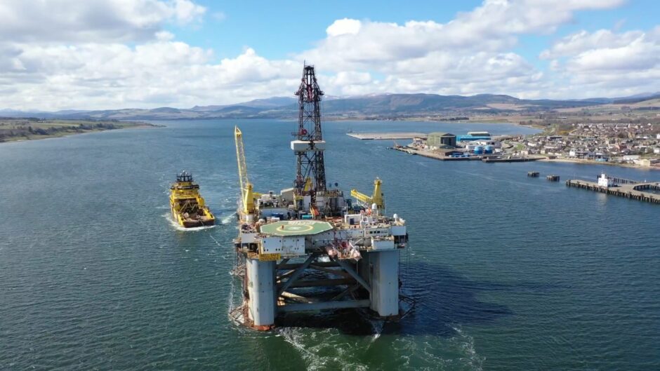 The Well-Safe Defender arriving at the Port of Cromarty Firth, the port's 750th visit from a North Sea rig.