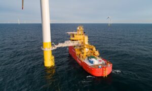 A motion compensated gangway attached to a turbine at the Hornsea 1 offshore wind farm.