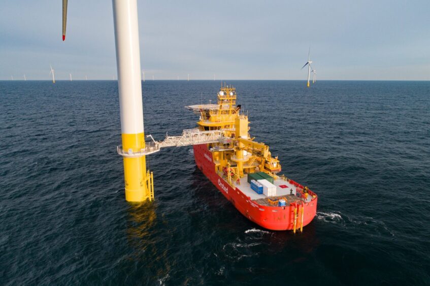 A motion compensated gangway attached to a turbine at the Hornsea 1 offshore wind farm.