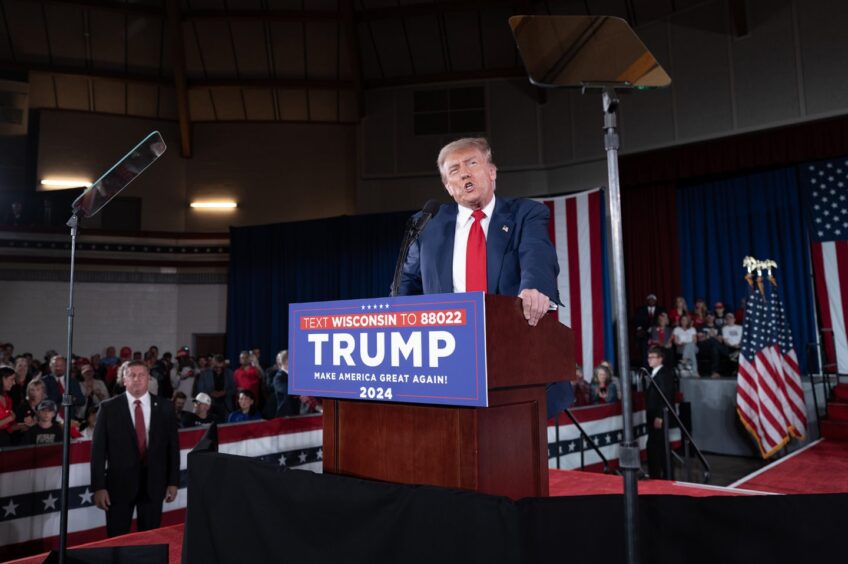 Donald Trump speaks at a campaign rally in Waukesha, Wisconsin.