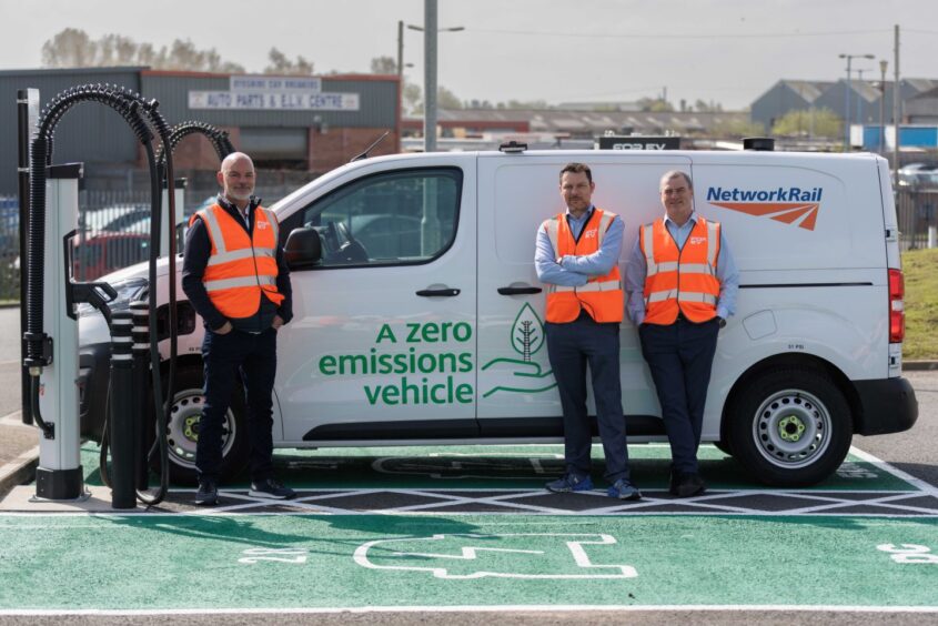 Picture shows (left to right): Lindsay Wallace, executive director, sales & innovations Europe at FOR EV, Andy Clapp, portfolio director at the Scottish National Investment Bank, and Steve Dunlop, CEO of FOR EV.