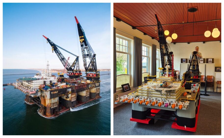 A side-by-side of the Thialf and Marco de Vries' Lego recreation of the vessel.