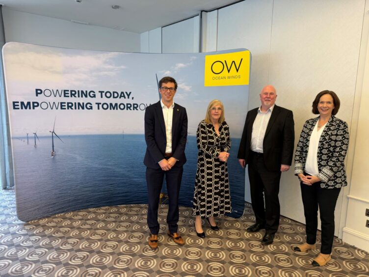 Adam Morrison, Ocean Winds UK country manager; Doreen Mair, vice convenor of Fraserburgh Harbour Commissioners; Paul O?Brien, manager of DeepWind offshore wind cluster; Maggie McGinlay, CEO Energy Transition Zone