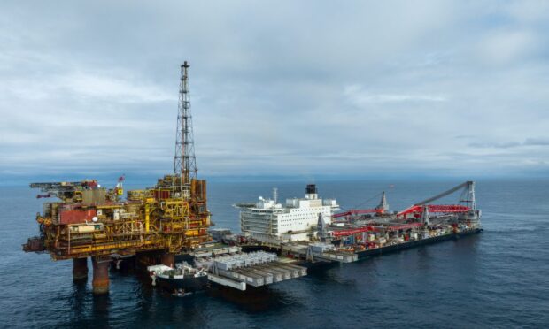 The topside of the Brent Charlie platform being removed from the North Sea by the Allseas Pioneering Spirit heavy lift vessel.