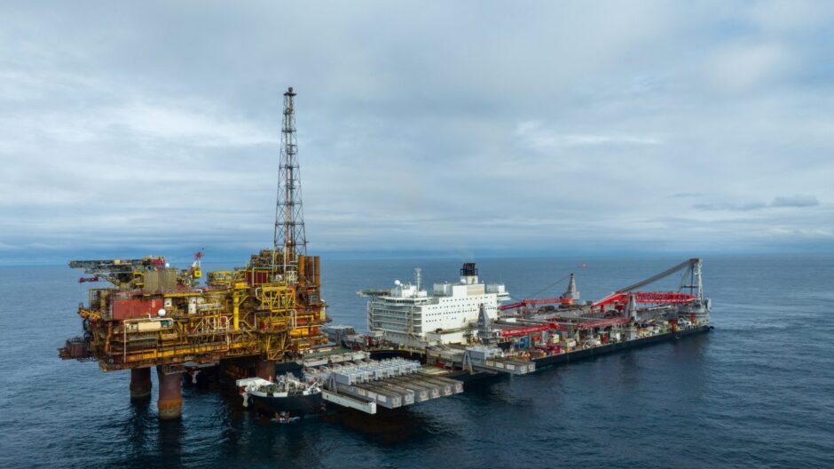 The topside of the Brent Charlie platform being removed from the North Sea by the Allseas Pioneering Spirit heavy lift vessel.