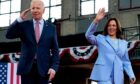 US President Joe Biden, left, and Vice President Kamala Harris arrive for a campaign event at Girard College in Philadelphia, Pennsylvania, US, on Wednesday, May 29, 2024.