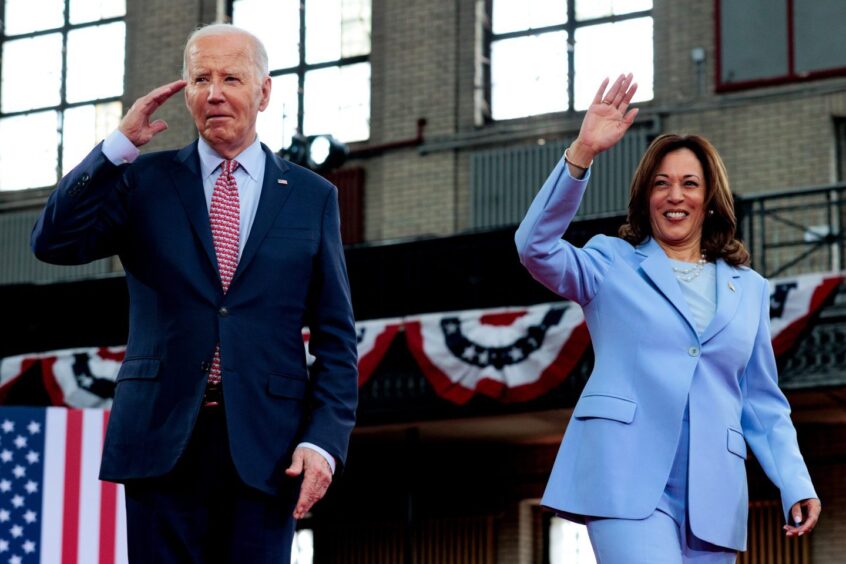 US President Joe Biden, left, and Vice President Kamala Harris arrive for a campaign event at Girard College in Philadelphia, Pennsylvania, US, on Wednesday, May 29, 2024.