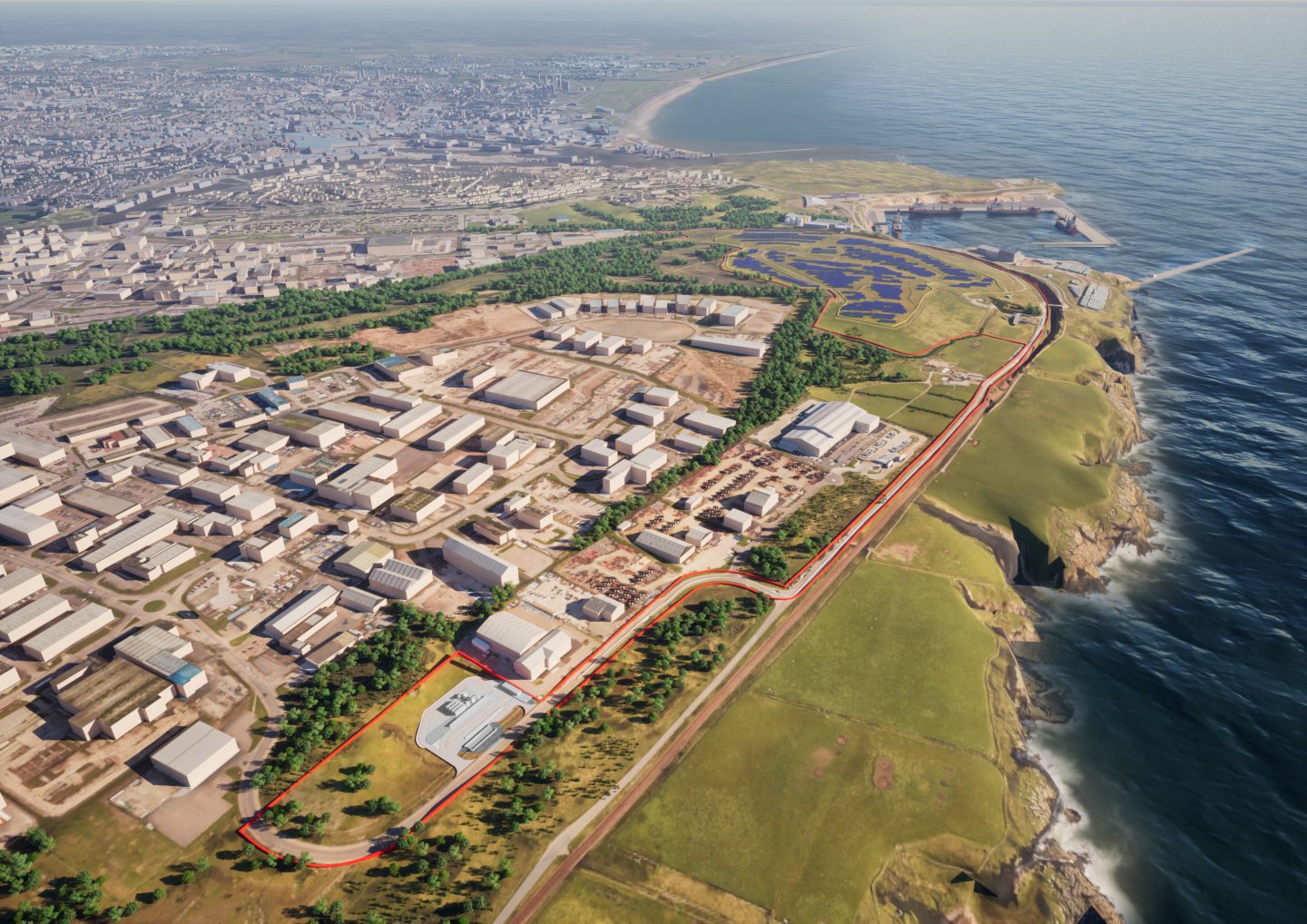 A design image of BP Aberdeen Hydrogen Energy Limited's production hub (bottom left) and the planned solar farm on the former Ness landfill site (top right). Image: BP