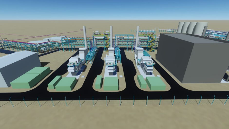 A visualisation of a planned hydrogen-ready combined heat and power plant at the Stanlow oil refinery operated by EET.