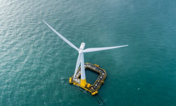 A floating offshore wind turbine like the ones for the proposed Buchan Offshore Wind project.