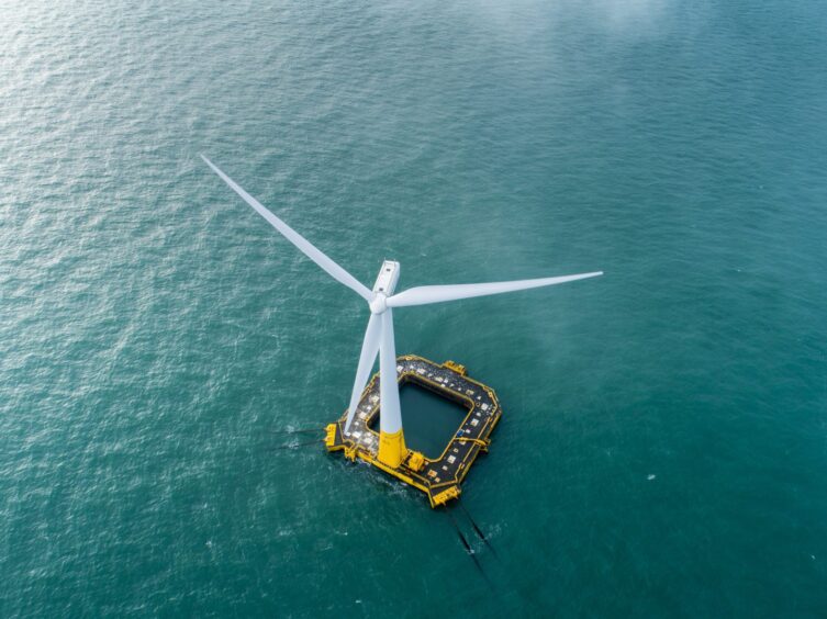 A floating offshore wind turbine like the ones for the proposed Buchan Offshore Wind project.