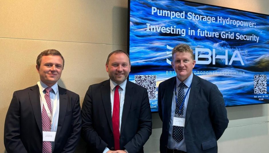 Glen Earrach Energy (GEE) director Roderick MacLeod, Secretary of State for Scotland, Ian Murray MP and Alex Reading, chair of the British Hydropower Association.