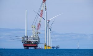 Wind turbine installation at the Moray West wind farm in the Moray Firth.